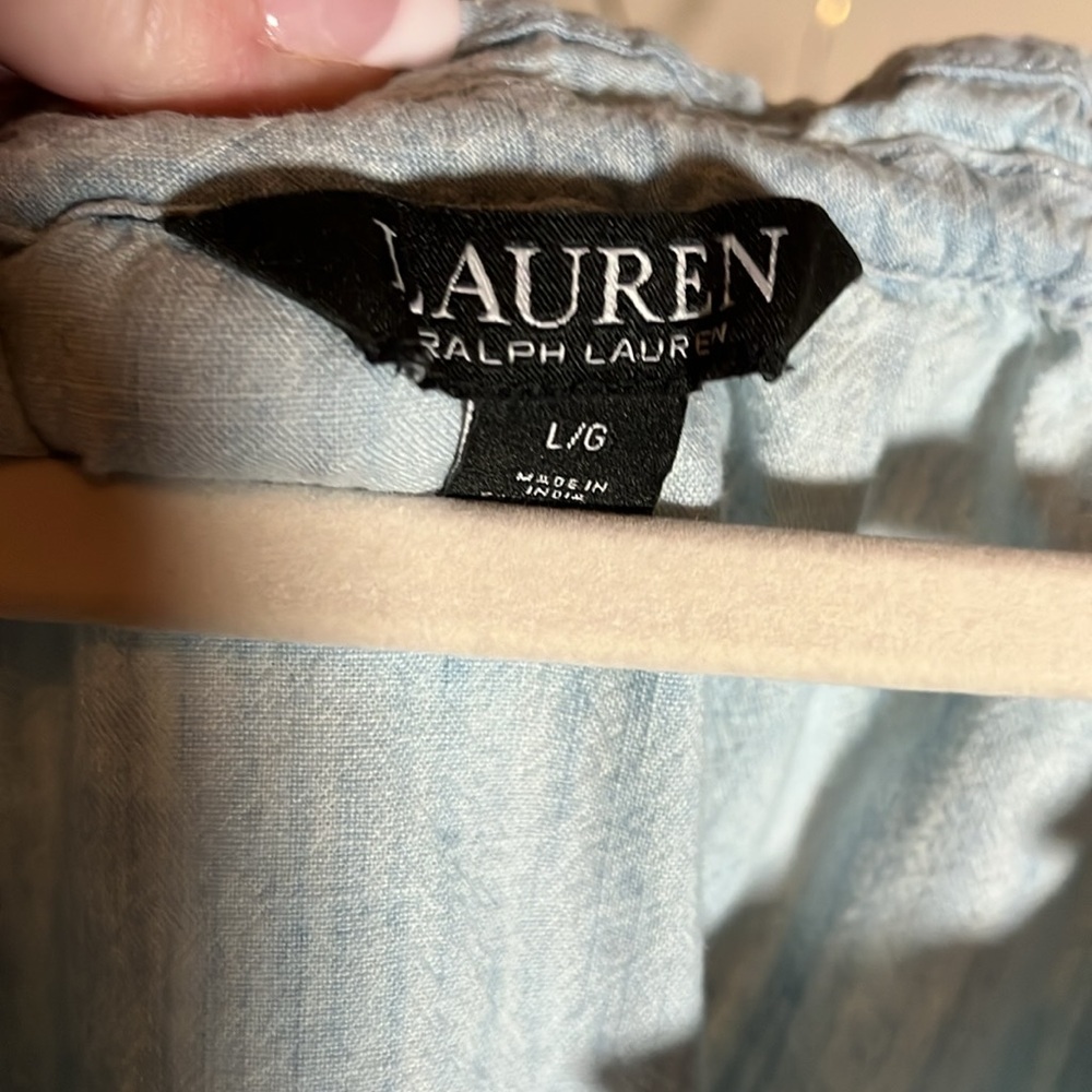 💙Lauren Ralph Lauren Black Label L Denim blue tunic,drawstring collar,lace trim. - Picture 3 of 6